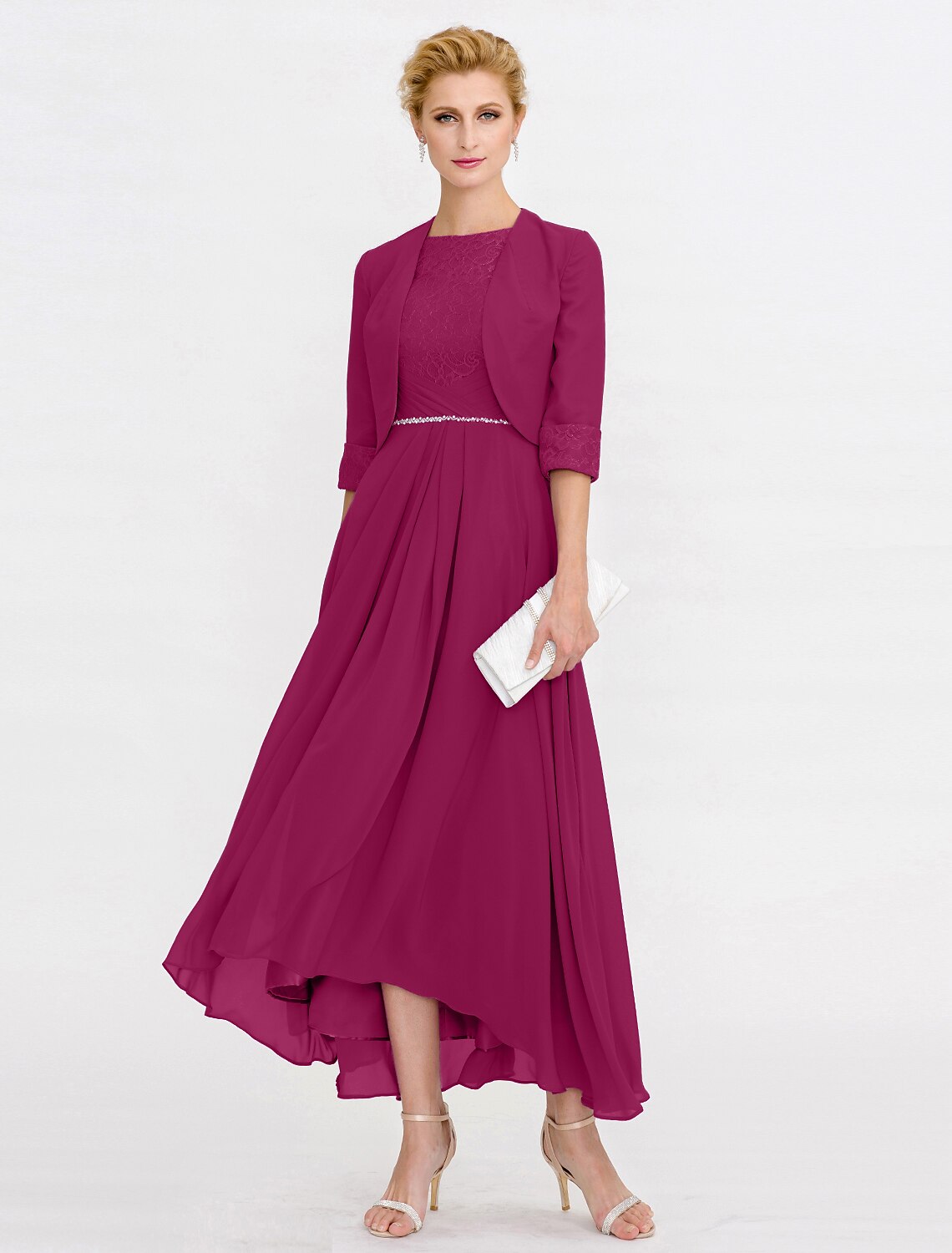 Two Piece Ball Gown A-Line Mother of the Bride Dress Formal Church Convertible Dress High Low See Through Illusion Neck Asymmetrical Chiffon Lace 3/4 Length Sleeve with Crystals