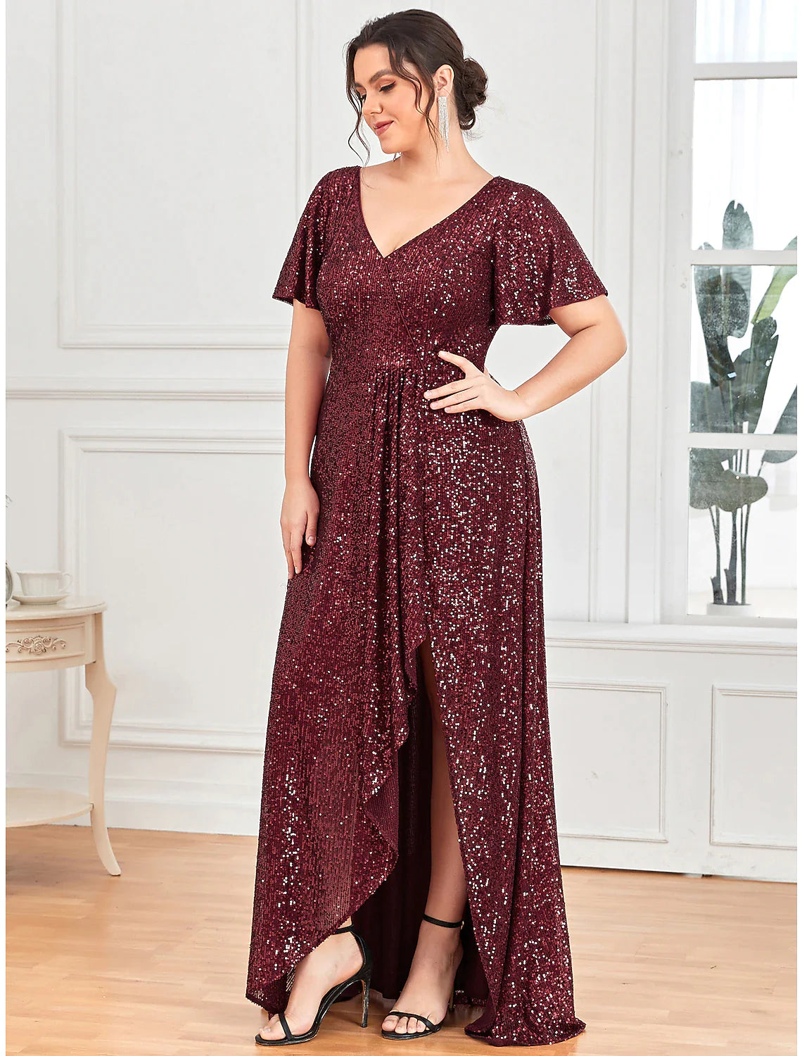 A-Line Evening Gown Vintage Dress Party Wear Floor Length Short Sleeve V Neck Sequined with Sequin