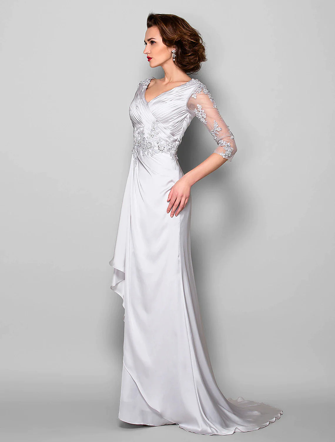 A-Line Mother of the Bride Dress V Neck Sweep / Brush Train Satin Chiffon 3/4 Length Sleeve with Criss Cross Beading Appliques