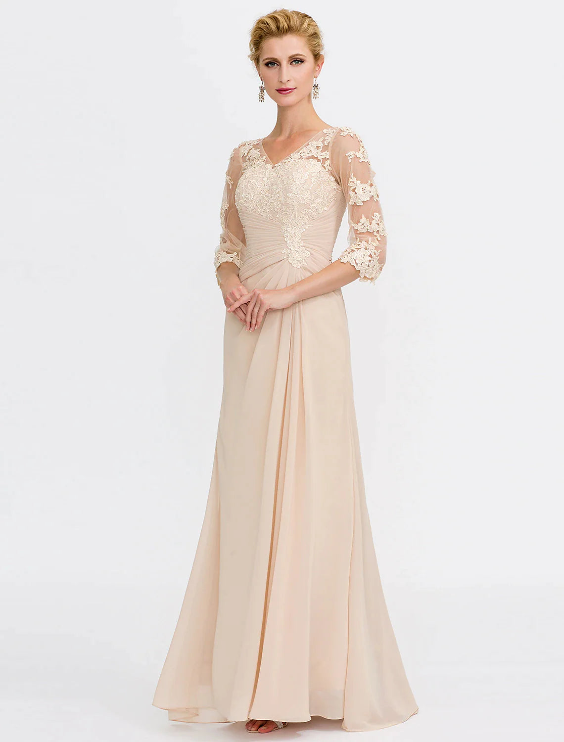 A-Line Mother of the Bride Dress Plus Size Elegant See Through V Neck Floor Length Chiffon Half Sleeve with Appliques Side Draping