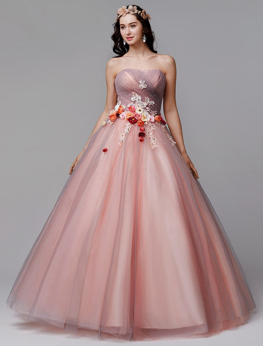 Ball Gown Floral Formal Evening Dress Strapless Sleeveless Floor Length Tulle with Pleats Flower