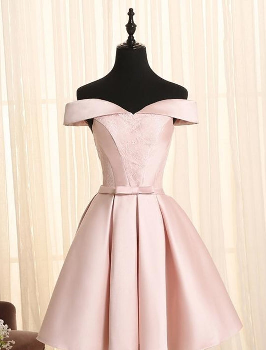 A-Line Minimalist Elegant Engagement Cocktail Party Dress Off Shoulder Sleeveless Short / Mini Satin with Bow(s) Lace Insert