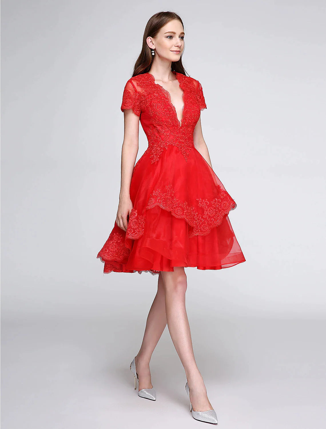 Ball Gown Cute Dress Cocktail Party Knee Length Short Sleeve Plunging Neck Organza with Buttons Appliques