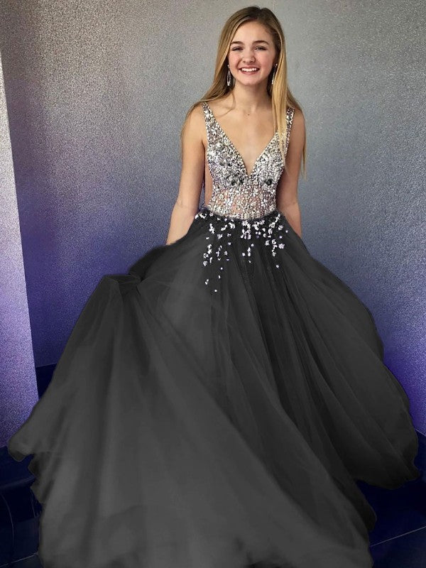 A-Line/Princess Tulle Beading V-neck Sleeveless Floor-Length Dresses