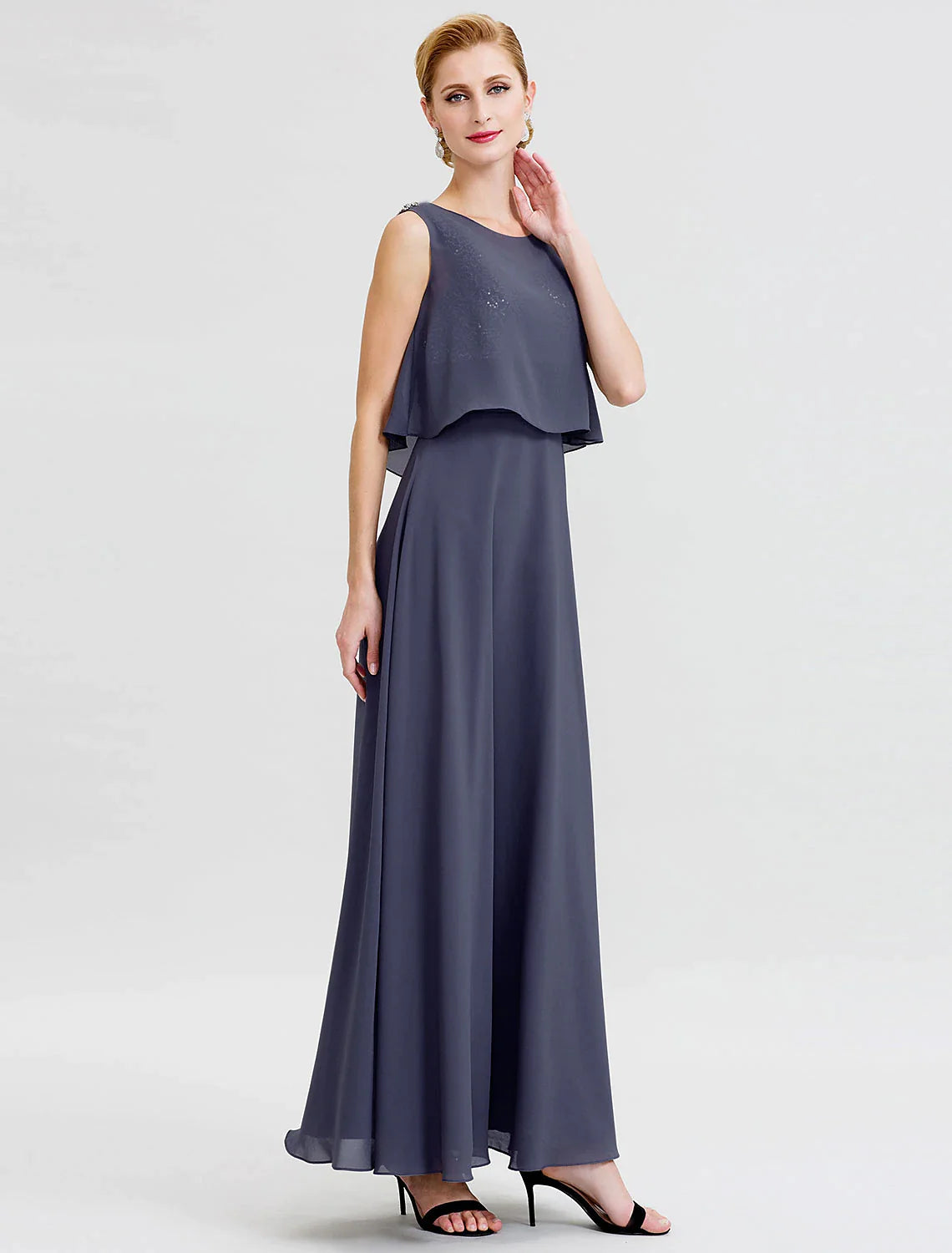 A-Line Mother of the Bride Dress Formal Open Back Two Piece Jewel Neck Ankle Length Chiffon Sequined Sleeveless with Sashes / Ribbons Beading