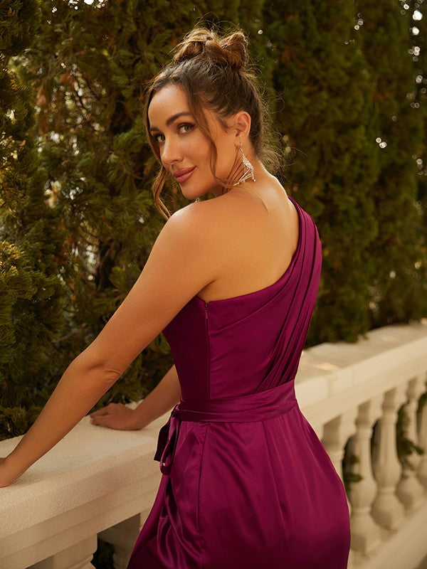 Sheath/Column Silk like Satin Ruched One-Shoulder Sleeveless Tea-Length Dresses