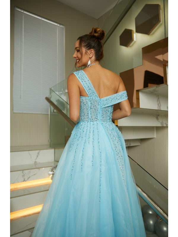 A-Line/Princess Organza Beading Scoop Sleeveless Floor-Length Dresses