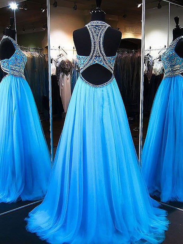 A-Line Jewel Sleeveless Sweep/Brush Train With Beading Tulle Dresses