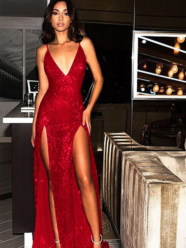 Sheath Sleeveless V-neck Sweep/Brush Train Sequins Dresses