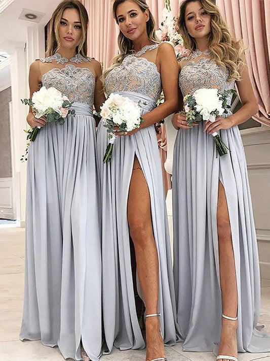 A-Line/Princess Silk like Satin Ruched Scoop Sleeveless Floor-Length Bridesmaid Dresses