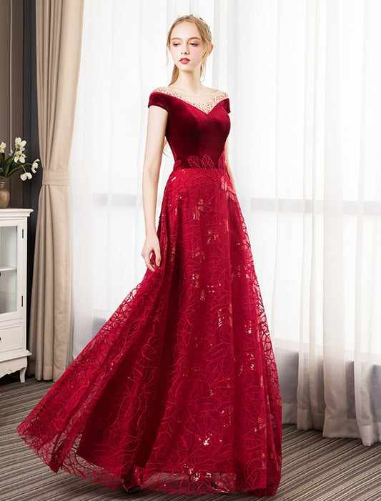 A-Line Prom Dresses Glittering Dress Engagement Floor Length Short Sleeve Jewel Neck Tulle with Pleats Crystals Pattern