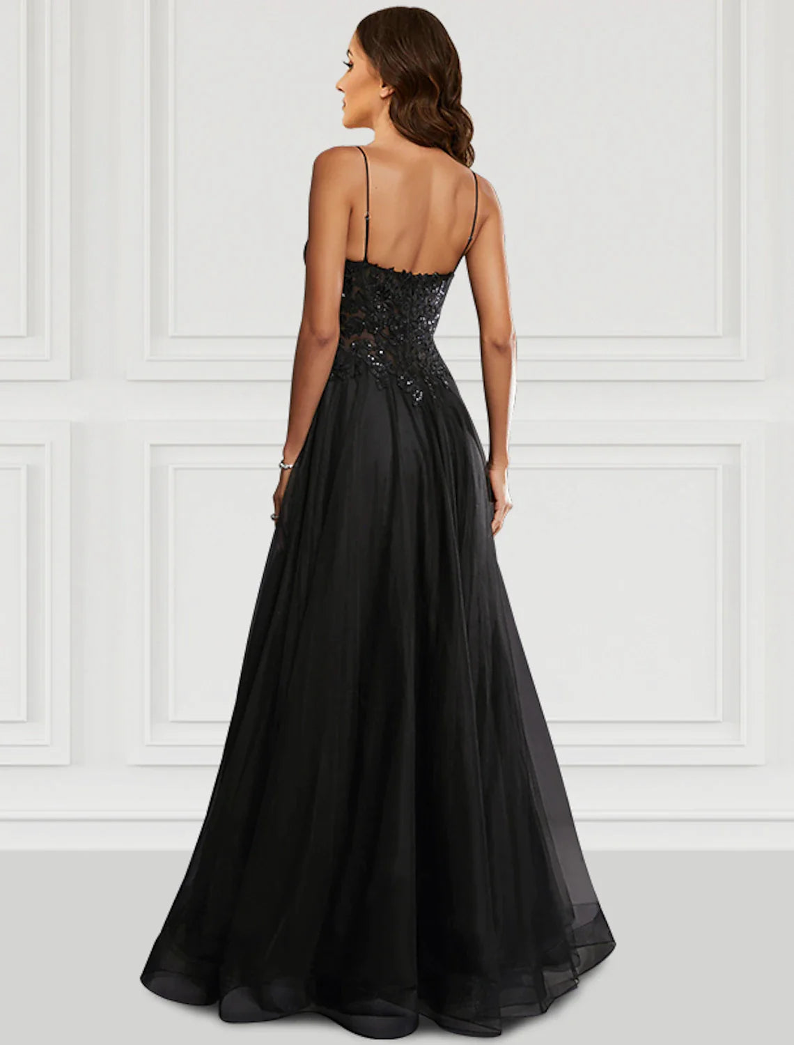 A-Line Prom Dresses Black Dress Party Wear Floor Length Sleeveless Spaghetti Strap Tulle with Glitter Slit