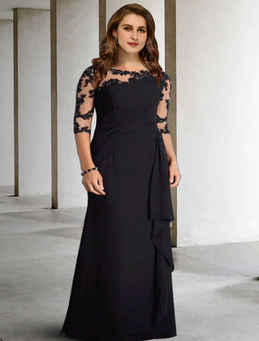A-Line Plus Size Curve Mother of the Bride Dresses Elegant Fall Wedding Guest Dress Formal Floor Length Half Sleeve Jewel Neck Chiffon with Pleats Ruched Appliques