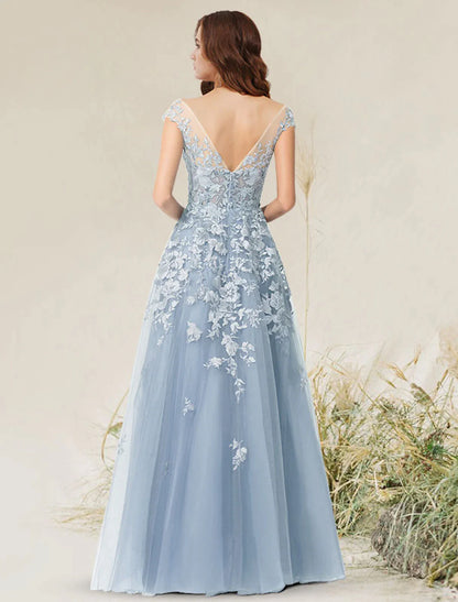 A-Line Empire Elegant Party Wear Formal Evening Dress Jewel Neck Sleeveless Floor Length Lace with Appliques
