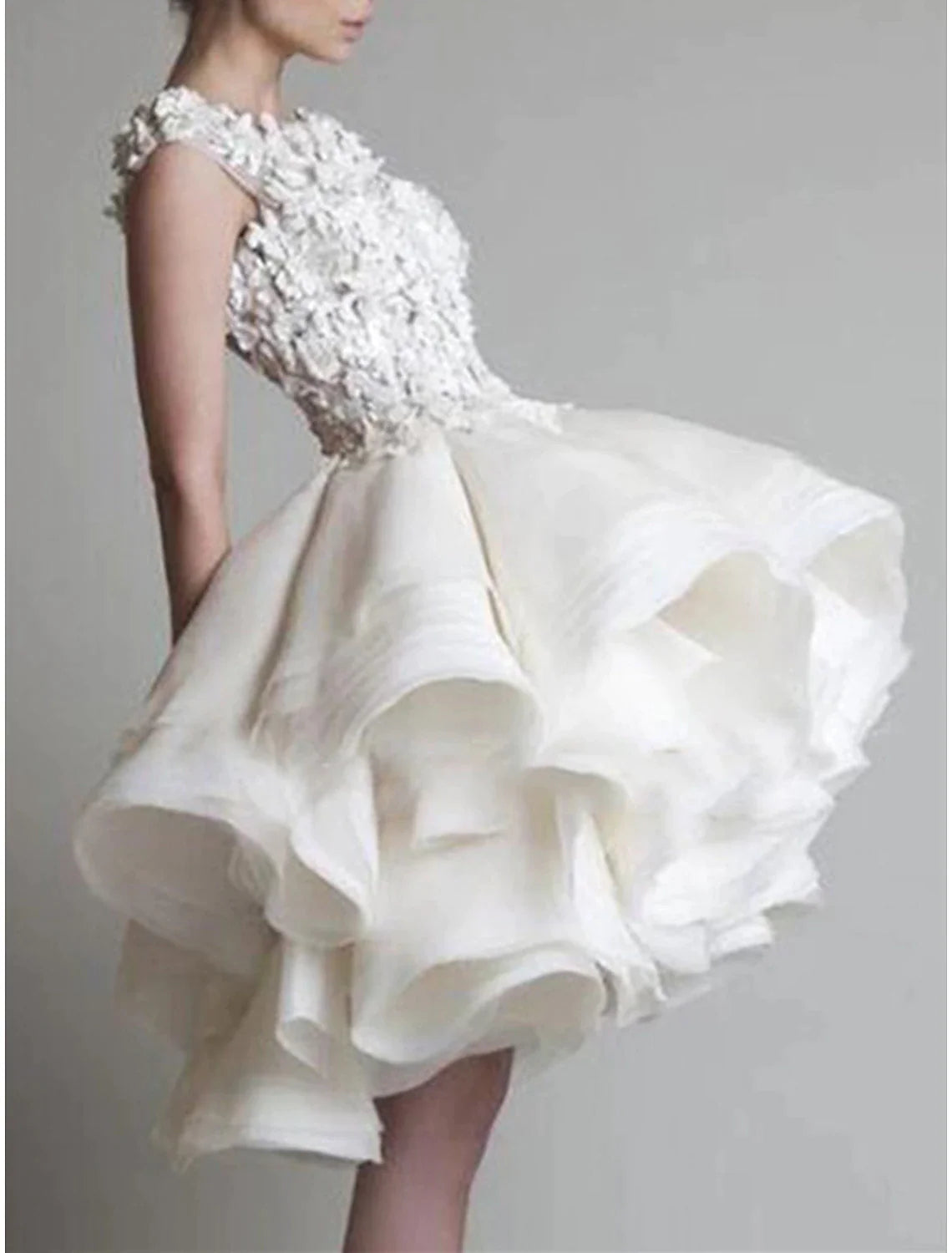 Ball Gown Floral Little White Dresses Puffy Homecoming Cocktail Party Valentine's Day Dress Jewel Neck Sleeveless Short / Mini Organza with Tier Appliques Shouder Flower