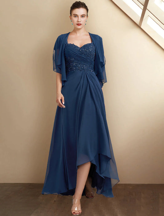 A-Line Mother of the Bride Dress Elegant High Low Square Neck Asymmetrical Tea Length Chiffon Lace Cap Sleeve Wrap Included with Sequin Appliques Side-Draped