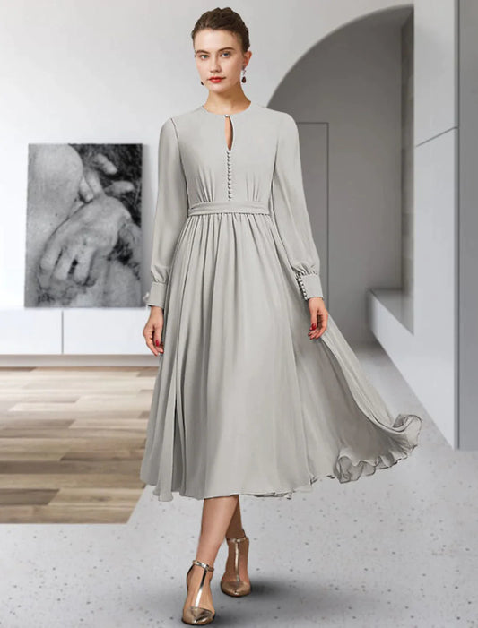 A-Line Mother of the Bride Dress Elegant Jewel Neck Tea Length Chiffon Long Sleeve with Bow(s) Buttons Pleats