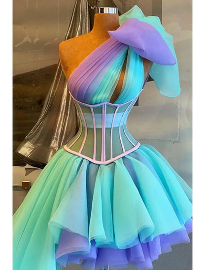 A-Line Quinceanera Dresses Corsets Dress Wedding Party Short / Mini Sleeveless One Shoulder Tulle with Bow(s) Pleats