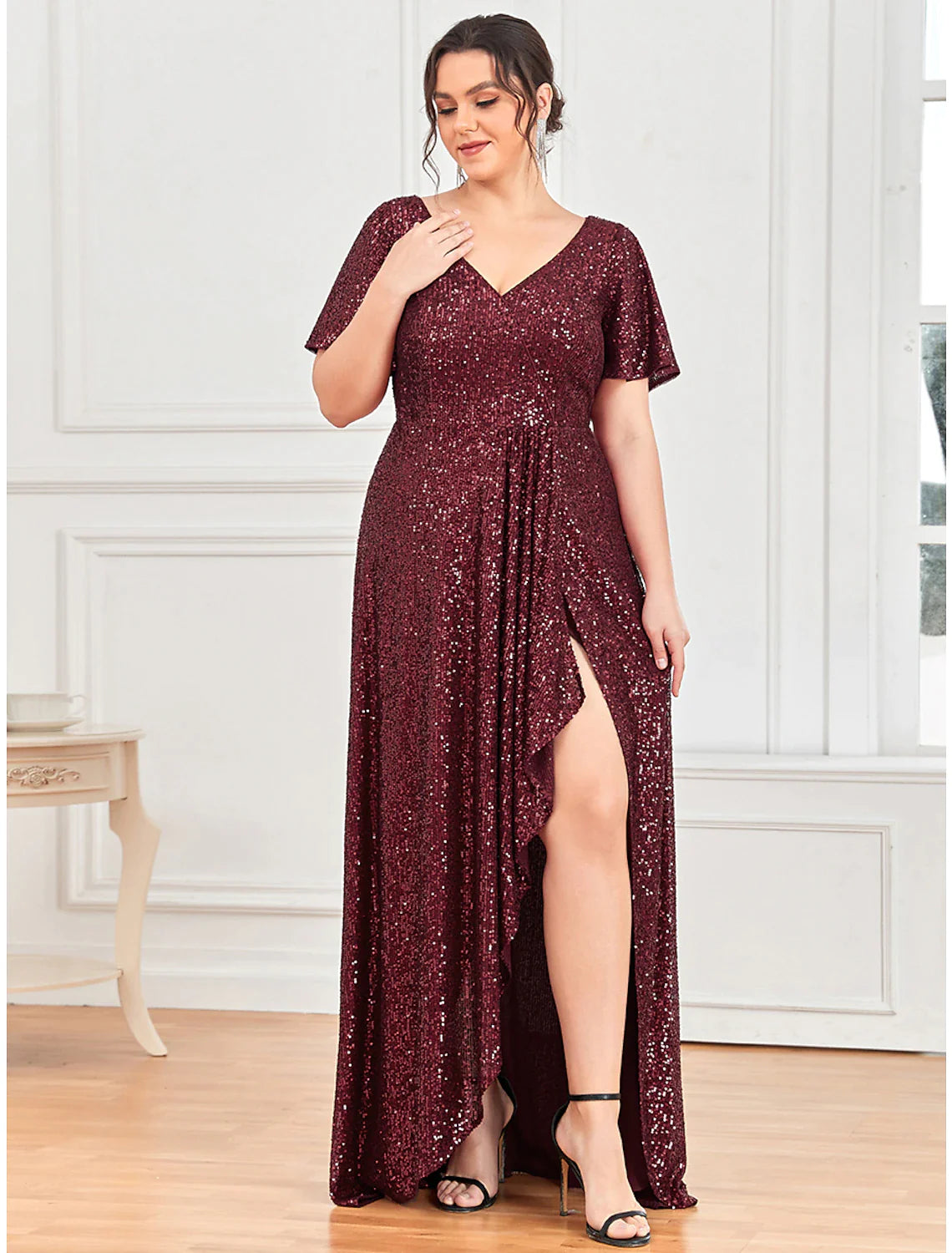 A-Line Evening Gown Vintage Dress Party Wear Floor Length Short Sleeve V Neck Sequined with Sequin