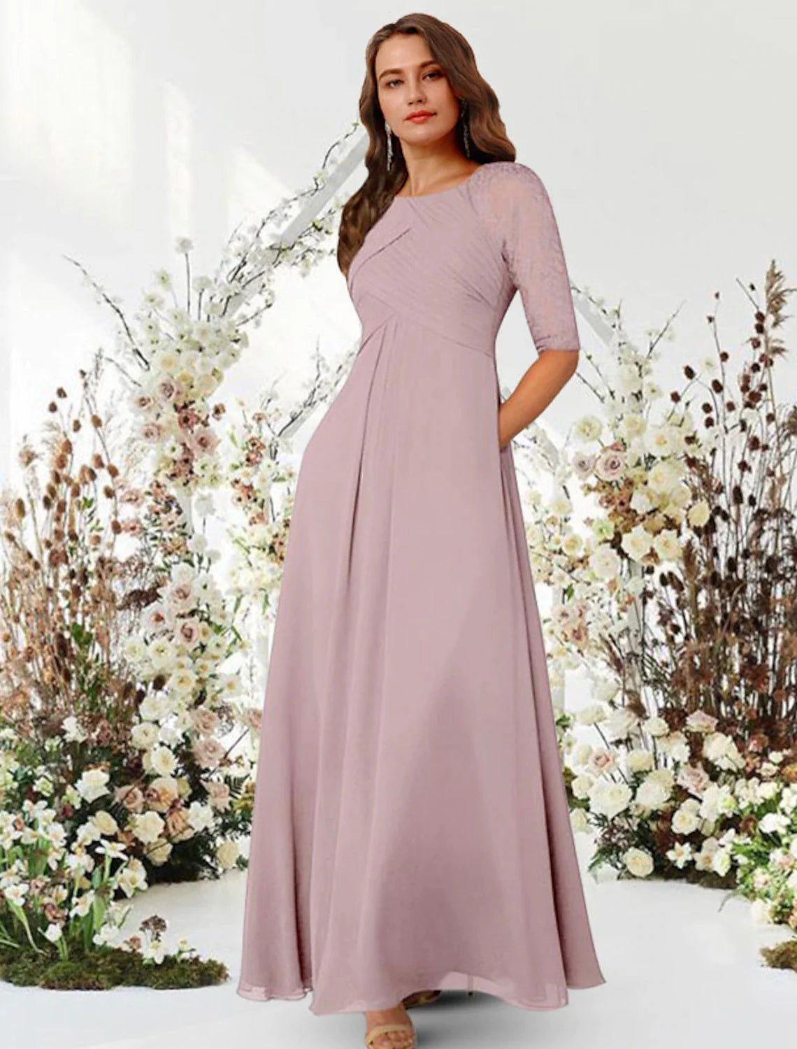 A-Line Evening Gown Elegant Dress Wedding Guest Floor Length Half Slee