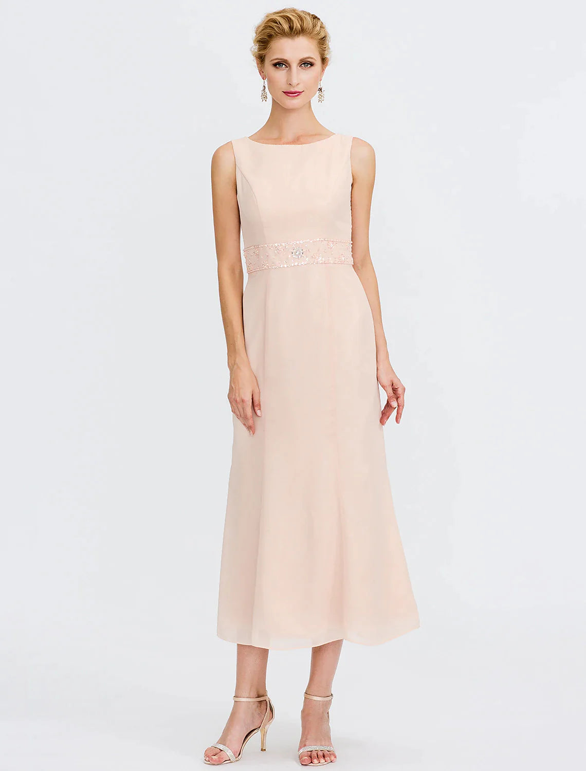 Two Piece Sheath / Column Mother of the Bride Dress Plus Size Elegant Jewel Neck Tea Length Chiffon Sleeveless Wrap Included with Sash / Ribbon Pleats Beading