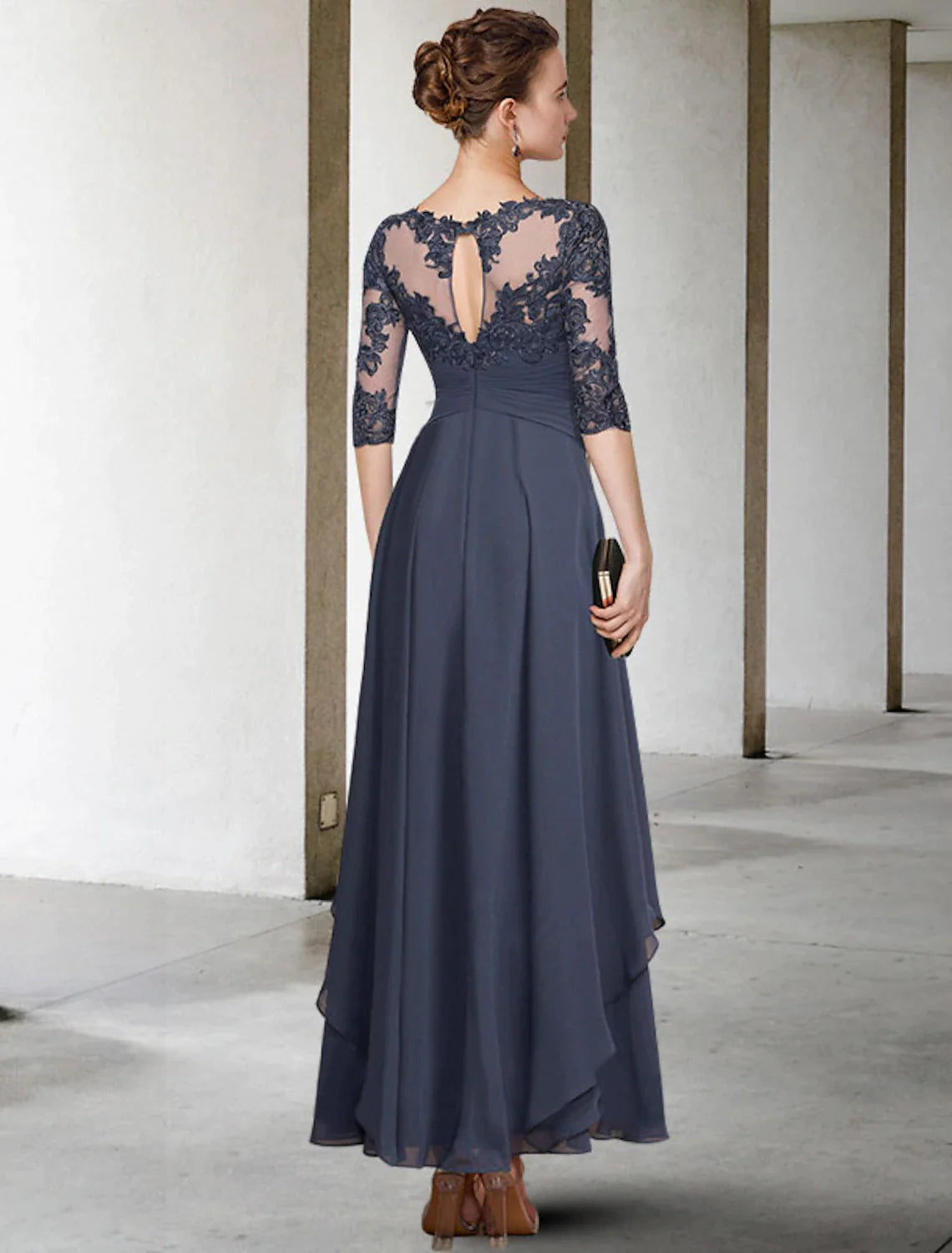 A-Line Mother of the Bride Dress Elegant Jewel Neck Ankle Length Chiffon Lace Short Sleeve with Ruched Appliques
