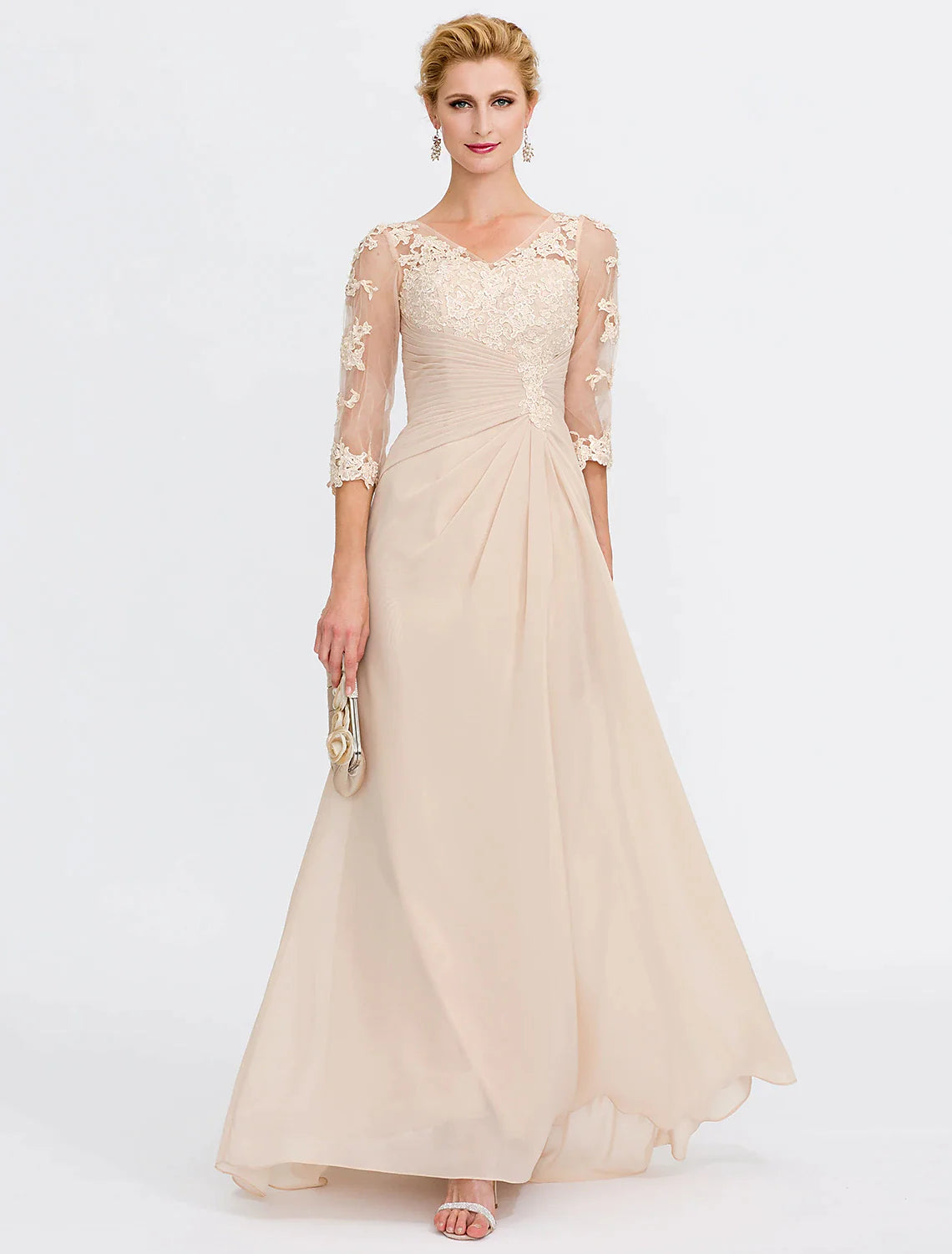 A-Line Mother of the Bride Dress Plus Size Elegant See Through V Neck Floor Length Chiffon Half Sleeve with Appliques Side Draping