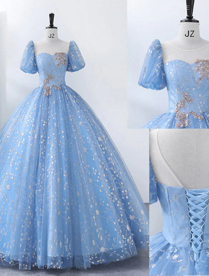 Ball Gown Quinceanera Dresses Princess Dress Performance Floor Length Short Sleeve Square Neck Polyester with Pearls Appliques