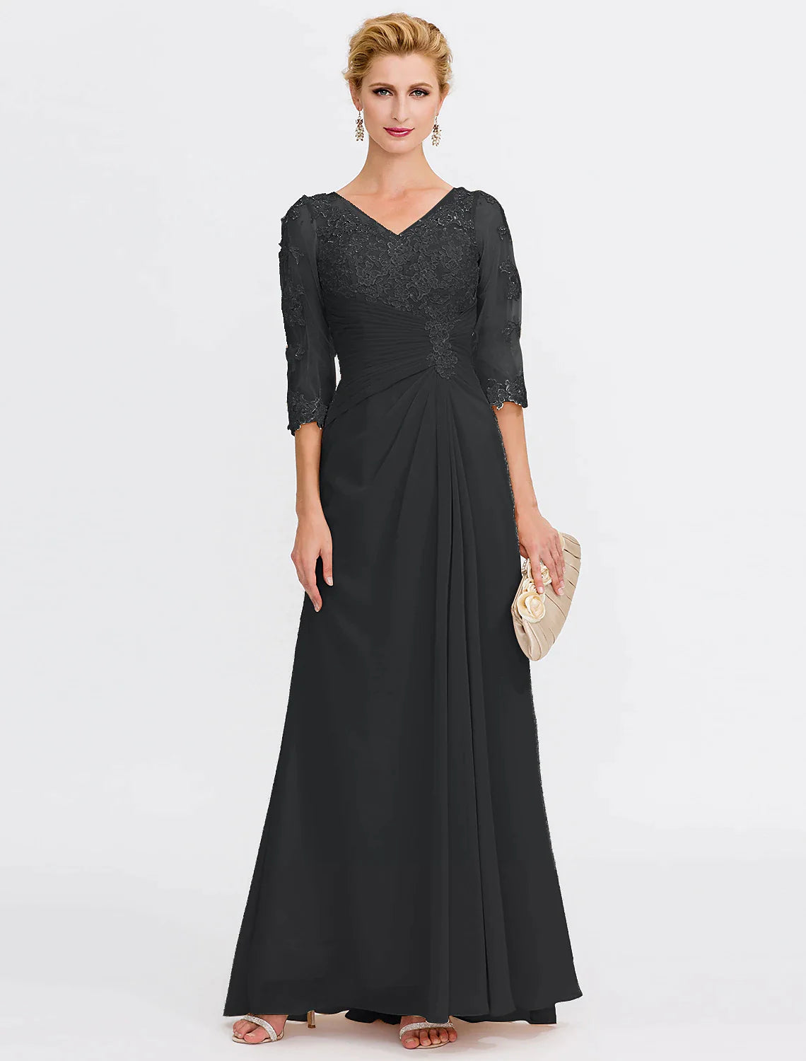A-Line Mother of the Bride Dress Plus Size Elegant See Through V Neck Floor Length Chiffon Half Sleeve with Appliques Side Draping