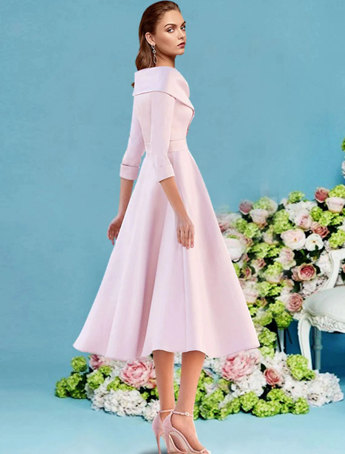 A-Line Mother of the Bride Dress Wedding Guest Vintage Elegant V Neck Tea Length Satin 3/4 Length Sleeve with Pleats