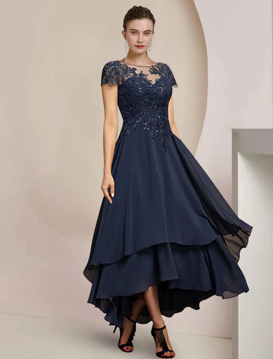 A-Line Mother of the Bride Dress Formal Wedding Guest Elegant High Low Scoop Neck Asymmetrical Tea Length Chiffon Lace Short Sleeve with Sequin Appliques