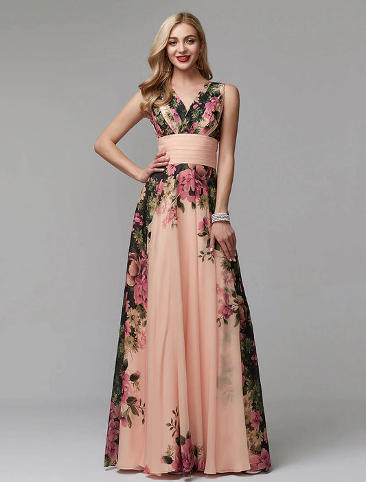 A-Line Floral Dress Holiday Floor Length Sleeveless V Neck Bridesmaid Dress Chiffon with Pattern / Print