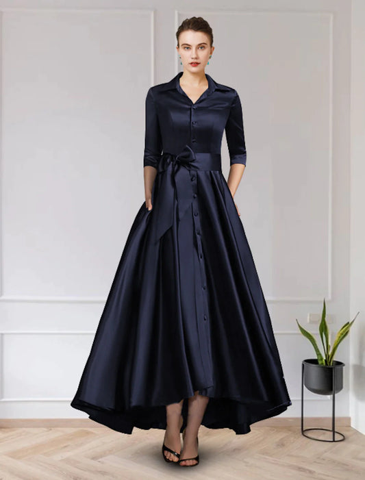 A-Line Mother of the Bride Dress Elegant High Low Jewel Neck Asymmetrical Chiffon Lace Short Sleeve with Pleats Appliques