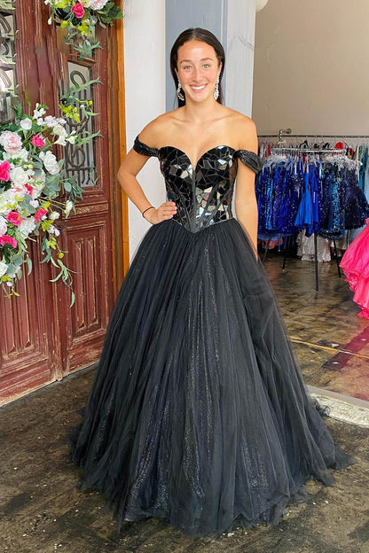 A Line Cut Glass Mirror Off-the-Shoulder Tulle Long Prom Dresses