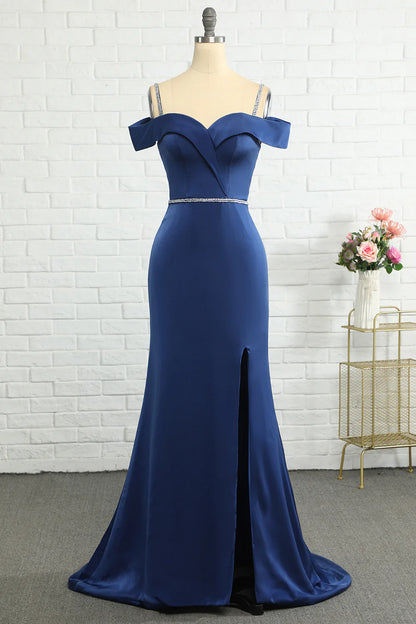 Mermaid Off the Shoulder Navy Bridesmaid Dress with Beading