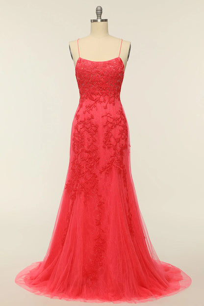 Mermaid Spaghetti Straps Light Pink Long Prom Dress with Appliques