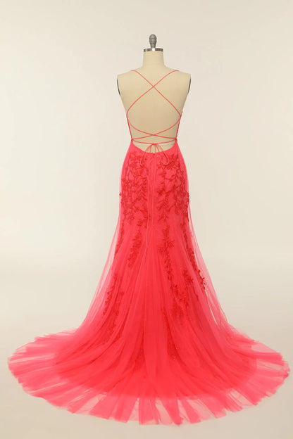 Mermaid Spaghetti Straps Light Pink Long Prom Dress with Appliques