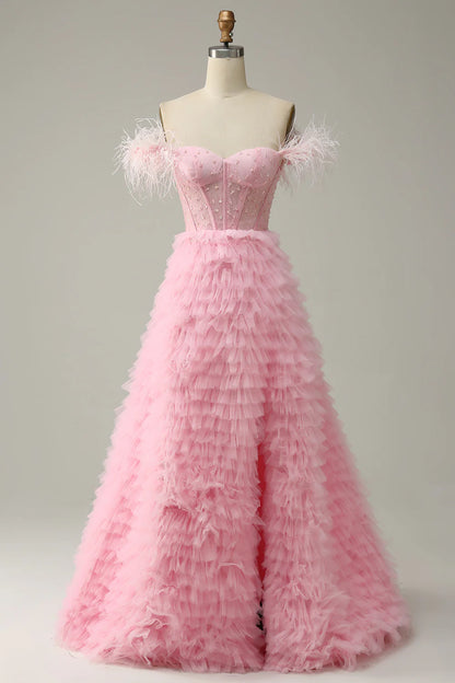 Amzcw A Line Off the Shoulder Pink Corset Prom Dress with Ruffled Feathers