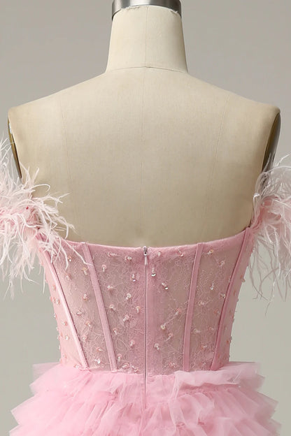 Amzcw A Line Off the Shoulder Pink Corset Prom Dress with Ruffled Feathers