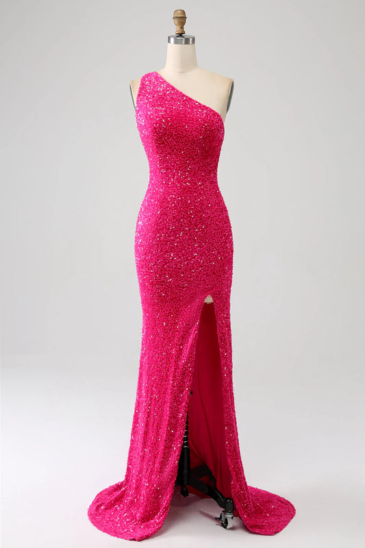 Amzcw Sparkly Fuchsia Mermaid One Shoulder Sequins Prom Dress with Slit long sleeve long dresses prom