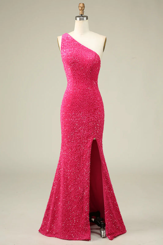 Amzcw Mermaid One Shoulder Fuchsia Sequins Long Prom Dress with Split Front