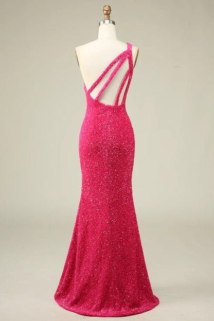 Amzcw Mermaid One Shoulder Fuchsia Sequins Long Prom Dress with Split Front