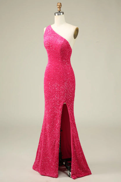 Amzcw Mermaid One Shoulder Fuchsia Sequins Long Prom Dress with Split Front