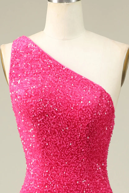 Amzcw Mermaid One Shoulder Fuchsia Sequins Long Prom Dress with Split Front