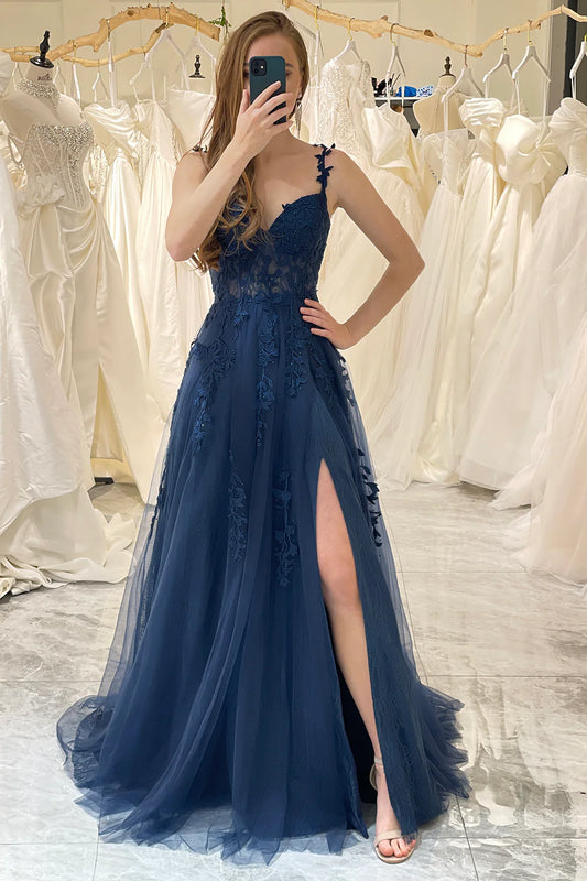 Amzcw Navy Tulle A Line Spaghetti Straps Corset Prom Dress with Appliques prom dresses stores