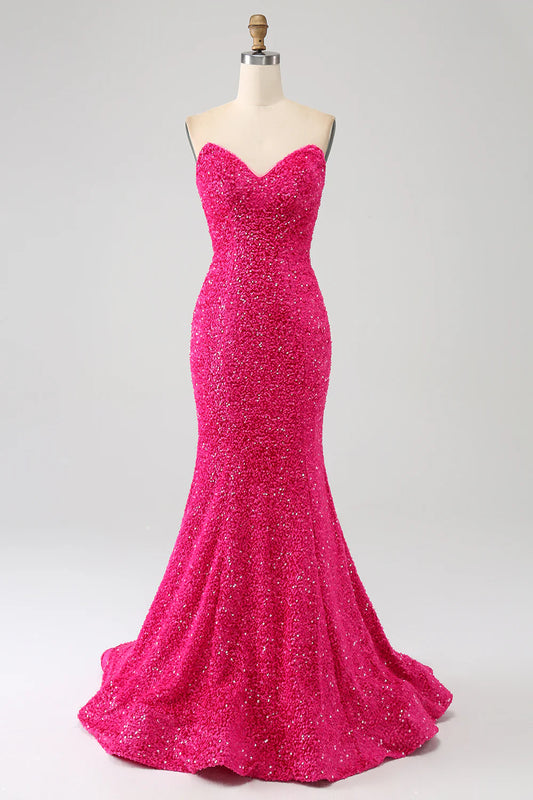 Amzcw Fuchsia Mermaid Sweetheart Sweep Train Prom Dress With Sequins prom dresses shops