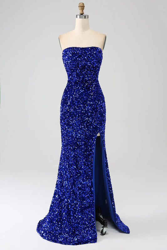 Amzcw Royal Blue Mermaid Strapless Sequins Long Prom Dress With Slit prom dresses shops