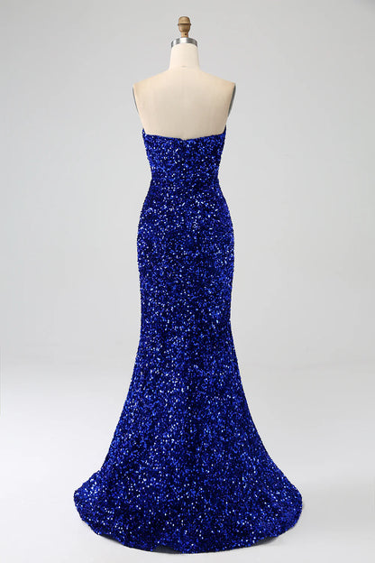 Amzcw Royal Blue Mermaid Strapless Sequins Long Prom Dress With Slit prom dresses shops