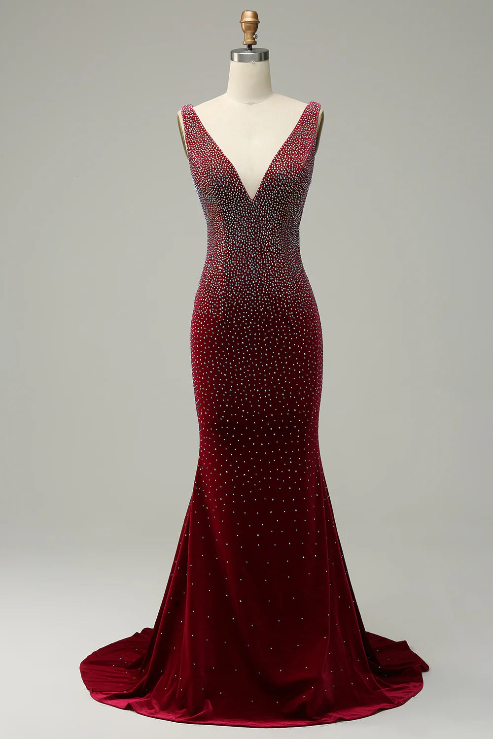 Amzcw Mermaid Deep V Neck Burgundy Long Prom Dress with Beading