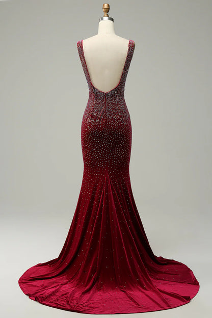 Amzcw Mermaid Deep V Neck Burgundy Long Prom Dress with Beading